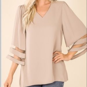Woven mesh panel bell sleeve top khaki